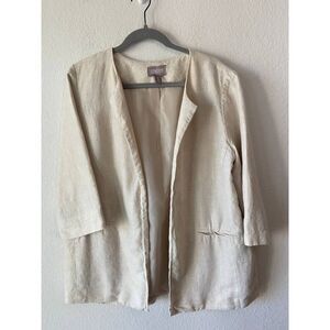 Chicos 100% Linen Open Front Lined Blazer Beige Gold Shimmer Women’s Sz L Career